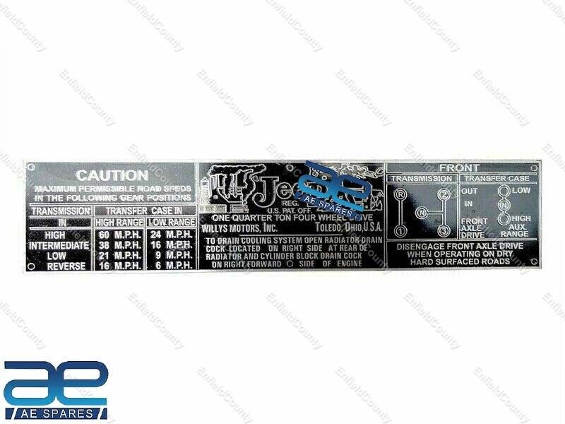Dash Transmission Caution Brass Data Plate For Willys CJ2A CJ3A CJ3B  