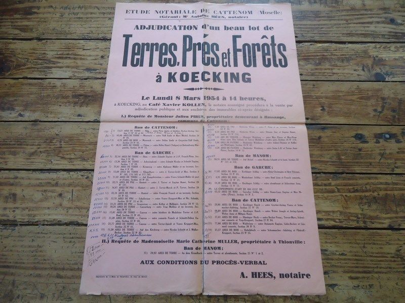 Lorraine - Affiche Notariale Terre Pres Forets  Koecking Moselle Cattenom  1954