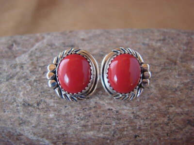 Navajo Sterling Silver Coral Post Earrings by Delores Cadman