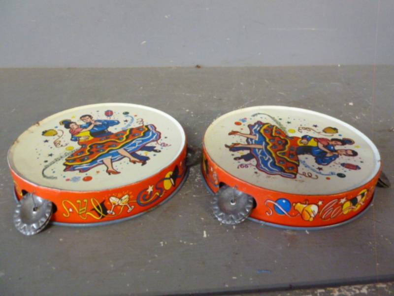( 2 ) VINTAGE TIN LITHO Tamborines US METAL TOY MFG CO. Pressed Tin Toys