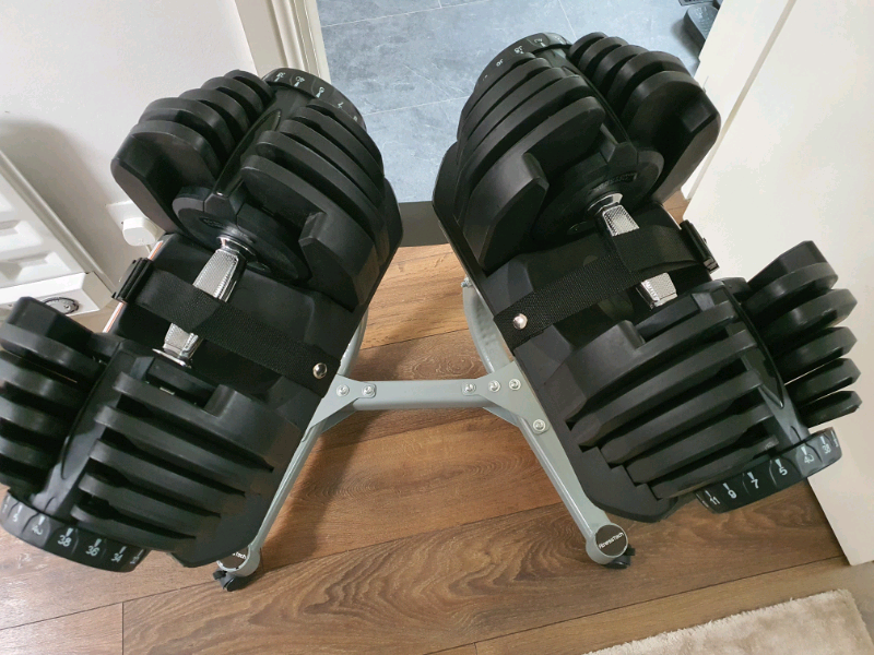2x 40kg Selectable Adjustable Dial Dumbbells with stand in Acton