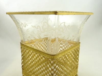 ANTIQUE FRENCH VASE PLANTER GILT ORMOLU & CRYSTAL ETCHED WITH BOWS & SWAGS