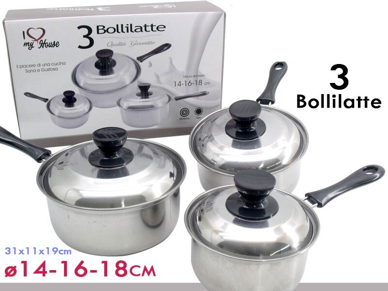 Tris Set 3 Pentolini Bollilatte Bollitore Latte Con Coperchi Manico 3 Misure sus