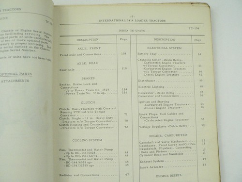 Service Parts Catalog International Harvester TC-108 3414 Loader Tractor 1965