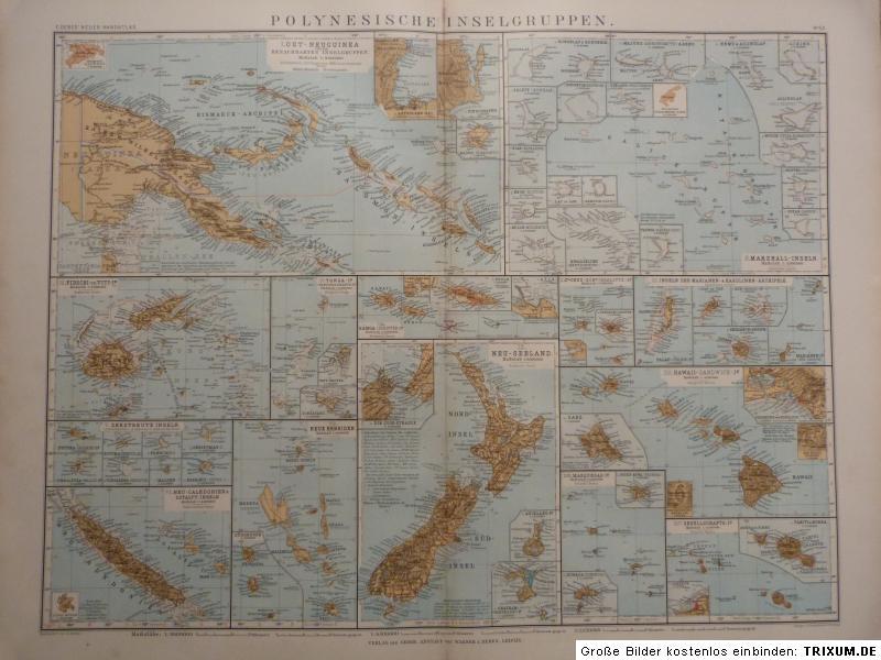 Debes - Landkarte Polynesische Inselgruppen 1894, Lithographie 