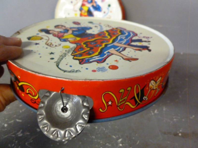 ( 2 ) VINTAGE TIN LITHO Tamborines US METAL TOY MFG CO. Pressed Tin Toys