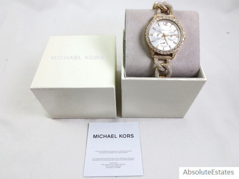 Pre-owned Michael Kors Layton Extreme Glitz Gold Crystal Chain Watch Mk4653