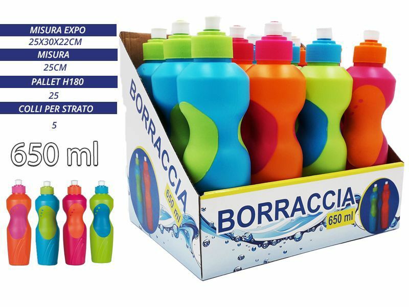 Set 12 Pezzi Borraccia Bottiglia In Plastica Colorata 650ml Sport Fitness dfh