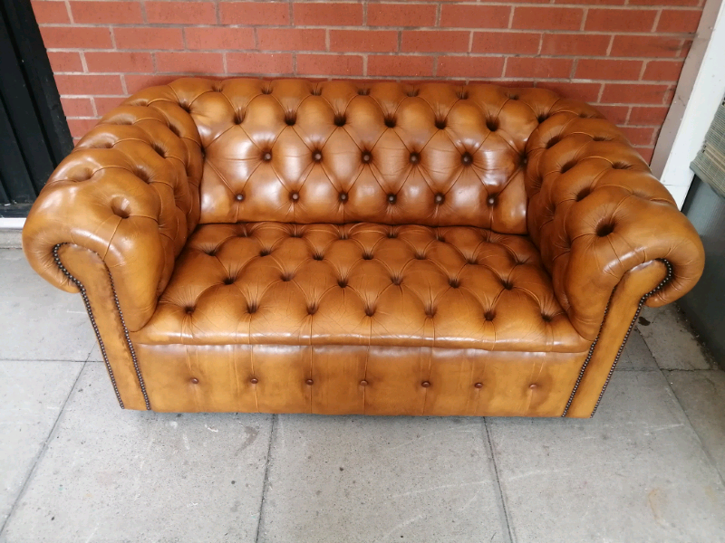 A Tanny/Gold Leather Chesterfield Buttoned Sofa in Sandwell, West