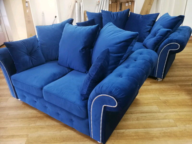 Blue plush velvet 3+2 seater sofas available in blue and grey in