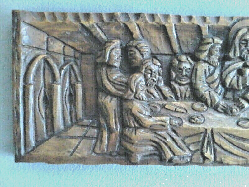 LARGE VINTAGE CARVED WOOD LAST SUPPER PRIESTS ALTAR CHURCH WALL PLAQUE