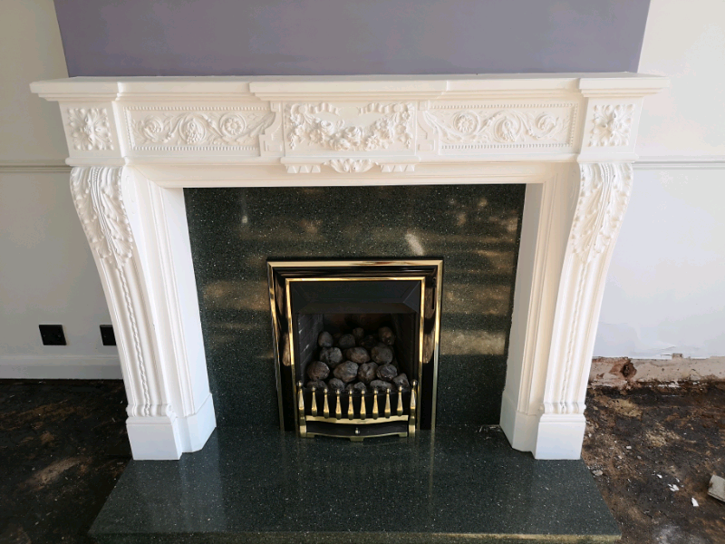 Fireplace surround, green marble inset, hearth and Valor Gas fire in
