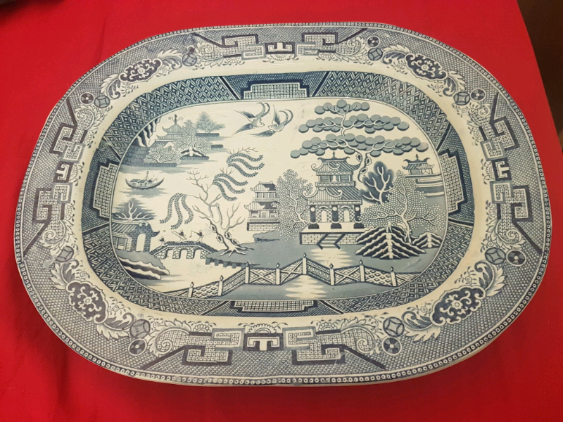 19th Century Staffordshire Stone China willow pattern meat platter in