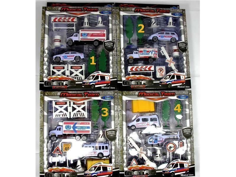 Spielset Rettungswagen in 4 Varianten Spielzeug Autos Hubschrauber Absperrung