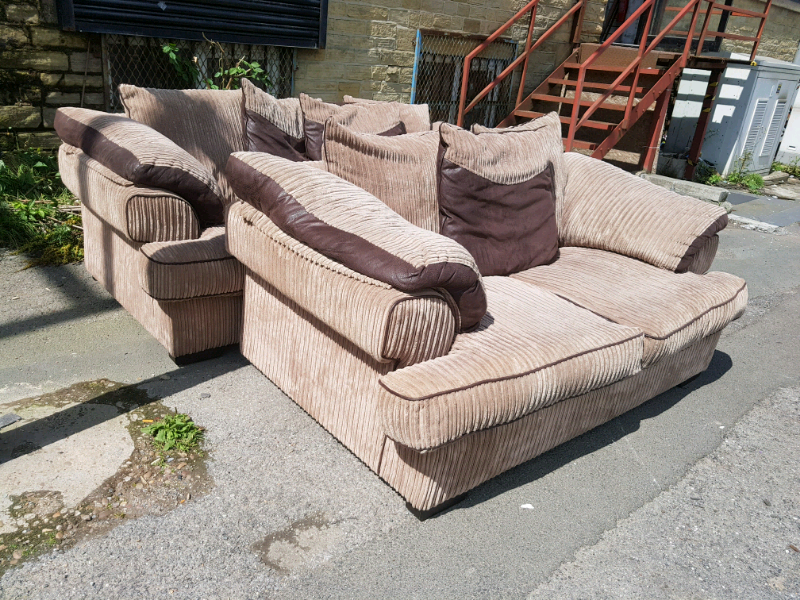 Sofa - Quality Extra Comfy Brown Leather & Light Brown Cord Sofa Set | in Bradford, West ...