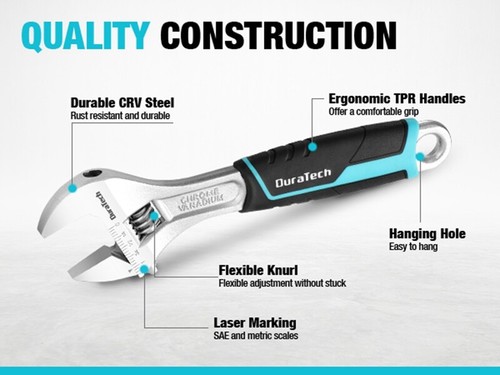 DURATECH 3PCS Adjustable Wrench Set Metric& SAE 6" 8" 10" Wrench Wide Jaw Wrench
