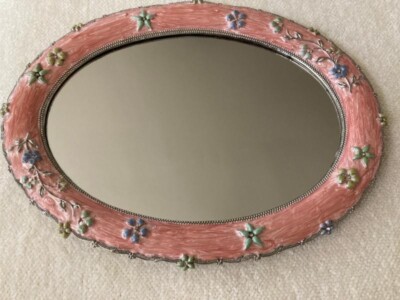 ENAMELED FRAMED VANITY MIRROR TRAY- Crystals, Flowers & Silver Tone Edges