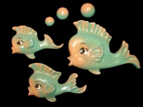 3 Fish with Bubbles Wall Plaques for your vintage or retro mermaid bath decor