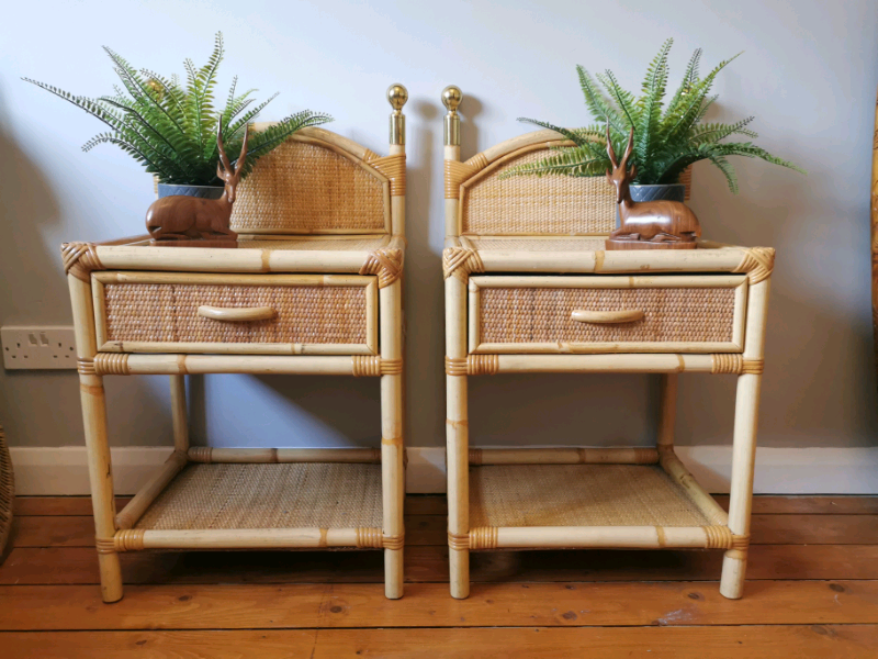 A Pair of Beautiful Retro Boho Cane and Rattan Bedside ...