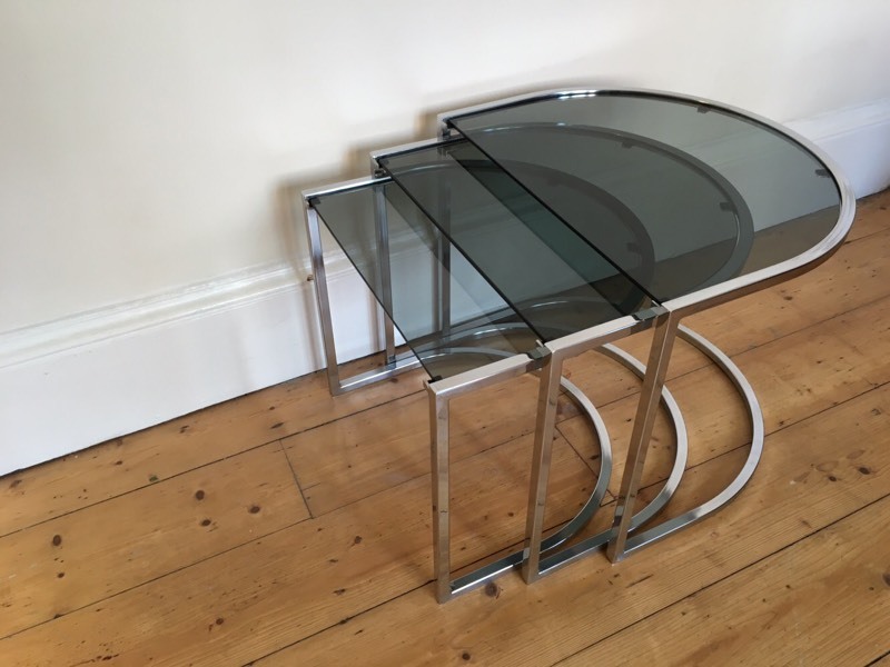 Retro Coffee Table / Side Table Nest of 3. Chrome and Smoked Glass