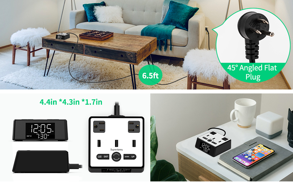 Electronic Alarm Clock with 3 USB Chargers Power Strip Outlets for Bedroom Hotel
