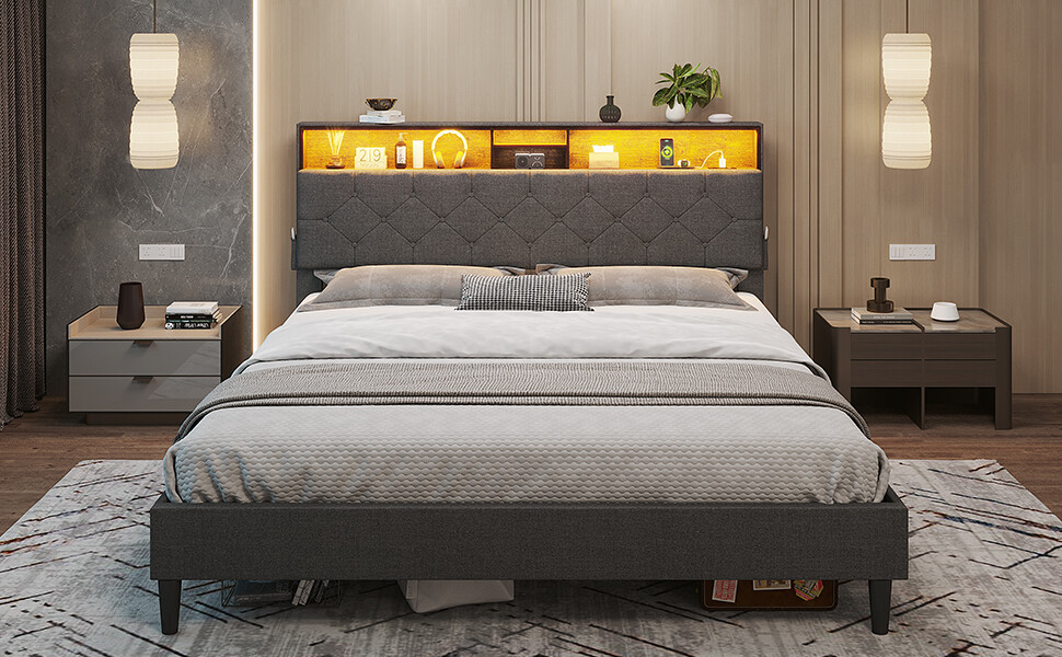 LED Full Size Bed Frame with Headboard Stoarge Platform Bed Frame with USB Ports