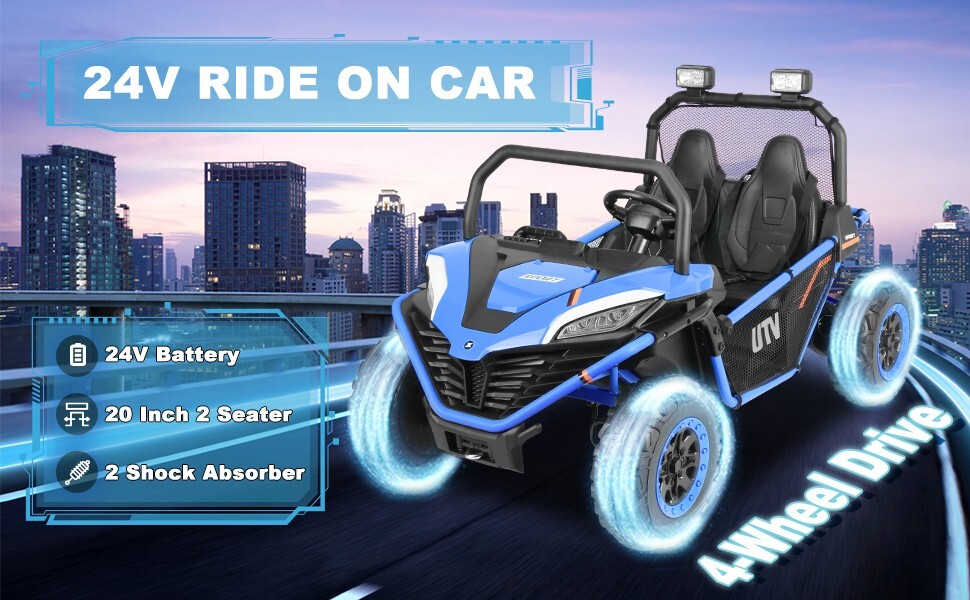 ZEOPHOL 24V Kid Ride On Car UTV 4WD 2-Seater Electric Truck 4X80W Remote Blue