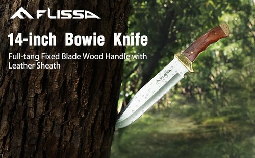 Flissa 14-inch Bowie Knife Full-tang Wood Handle Leather Sheath Stainless Steel