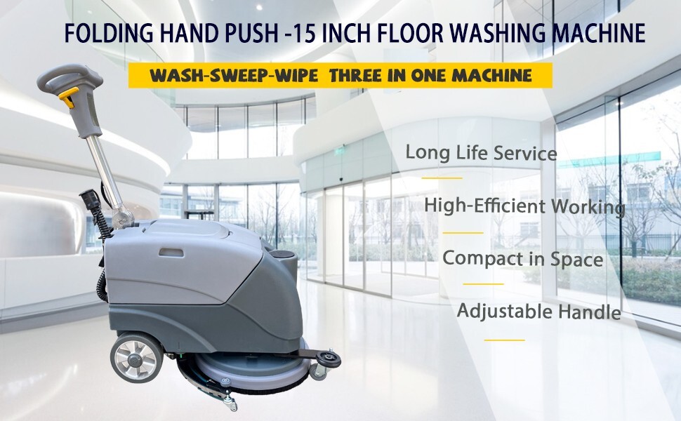 GRAY Walk Behind 15"Brush Floor Cleaning Machine 8G Fordable Portable Scrubber
