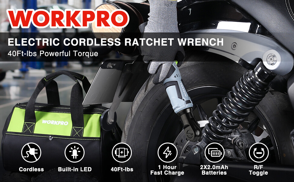 WORKPRO 3/8 Cordless Electric Ratchet Wrench Kit 40Ft-lbs Standard/Extended Head