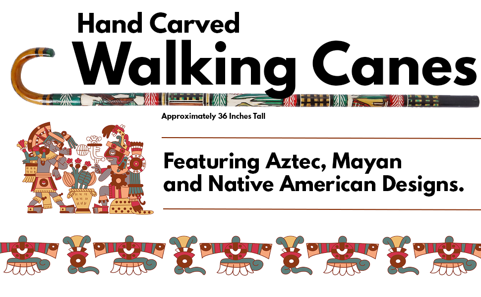 Hand Carved Wooden Cane Walking Stick Mexican Aztec Hand Painted Mexico ONE Cane