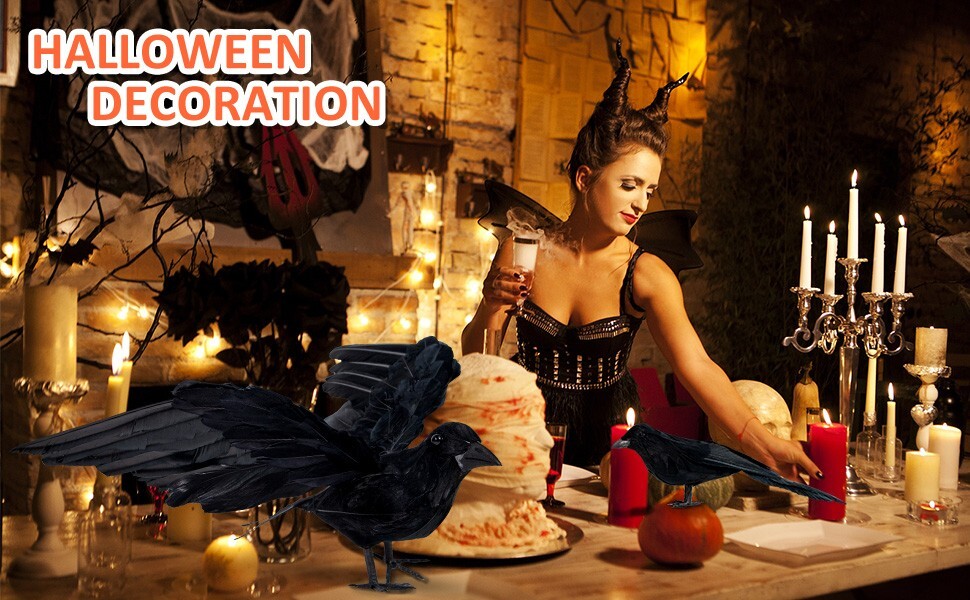 5Pack Halloween Crow Decorations Handmade Realistic Black Feathered Lifesize Fly