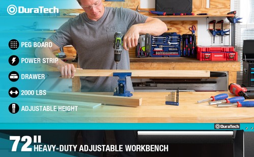 DURATECH 72”Adjustable Workbench RubberHeavy-DutyWooden Top 2000LBSLoad Capacity