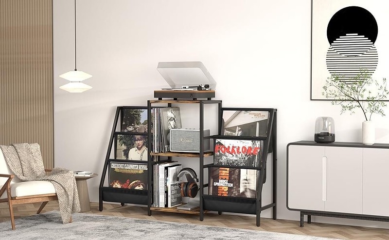 Record Player Stand with Two Side Display Shelves - 280 Album Capacity Storage  