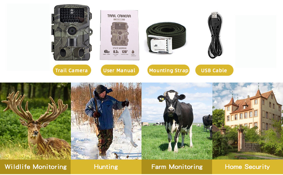 36MP Trail Camera 4K Game Camera with No Glow LED Infrared Night Vision 65Ft+SD