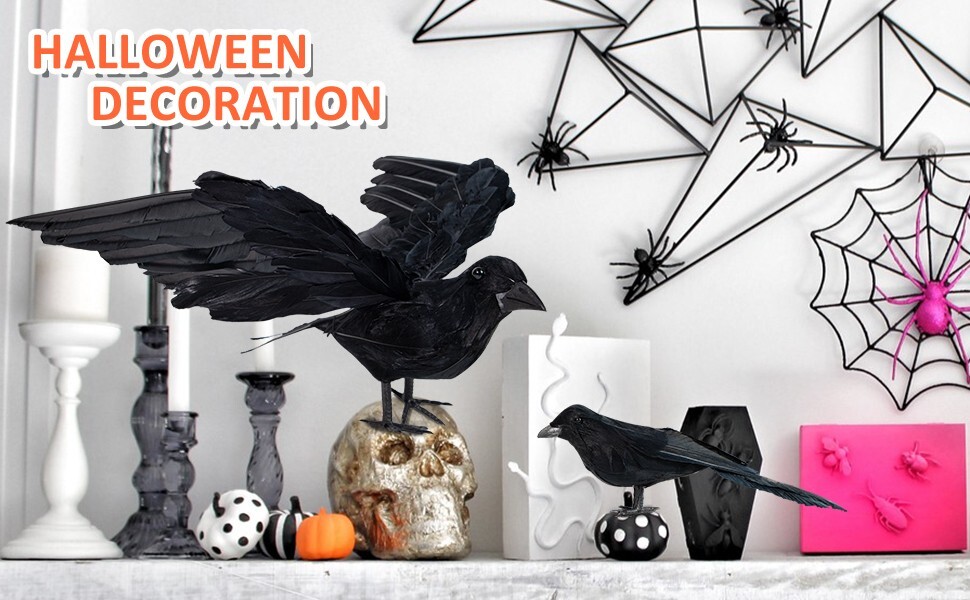 5Pack Halloween Crow Decorations Handmade Realistic Black Feathered Lifesize Fly