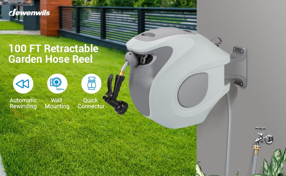 DEWENWILS Retractable Garden Hose Reel with Wall Mount 1/2"&times;100ft Auto Rewind