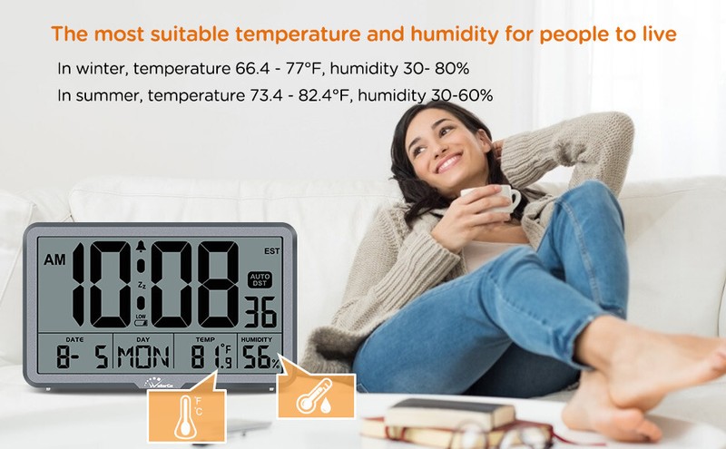 Auto Set Digital Wall Desk Clock - Battery Operated w/ Temperature Humidity Date