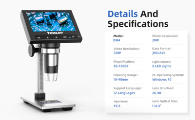 TOMLOV 4.3'' 1080P LCD Digital Microscope 1300X Coin Magnifier Soldering Camera