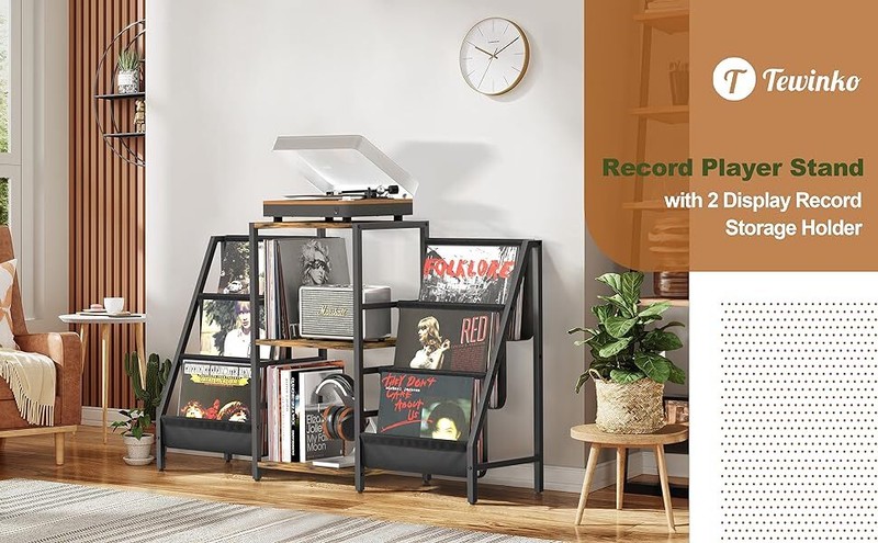 Record Player Stand with Two Side Display Shelves - 280 Album Capacity Storage  
