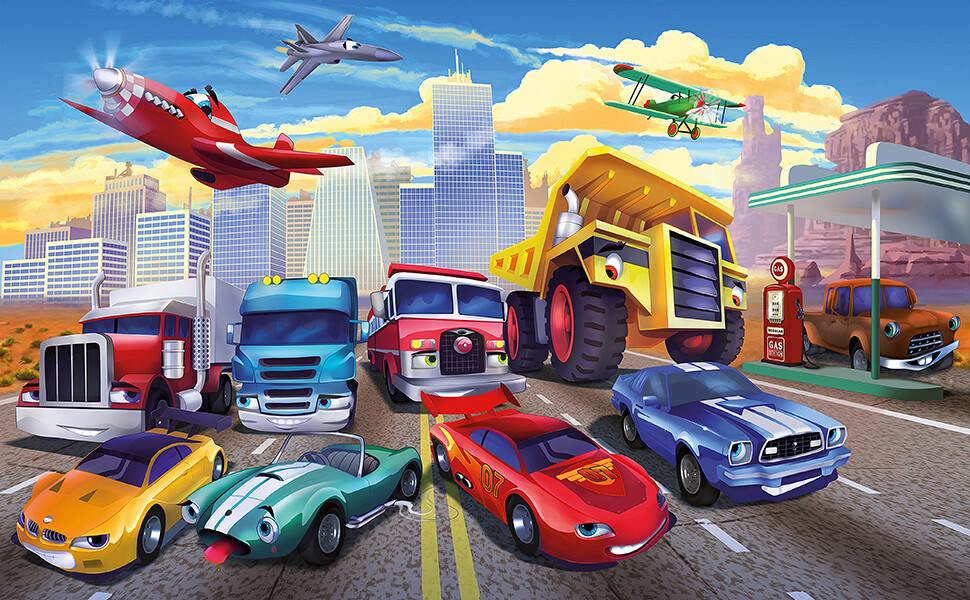 Fototapete Comic Autorennen 210x140cm Tapete mit Kleister Wandbild Kinderzimmer