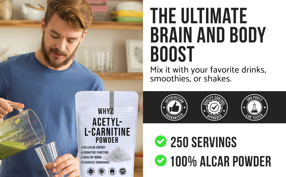 WHYZ Acetyl L Carnitine Powder 125g, Fat Metabolism & Memory Supplement 250 Uses