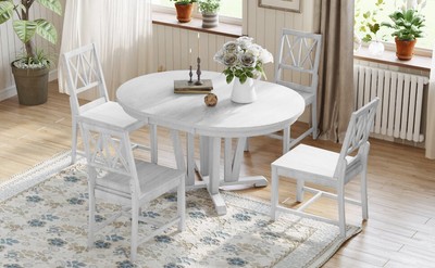 Rustic Round Expandable Dining Table Set with 4 Cross Back Chairs Gray