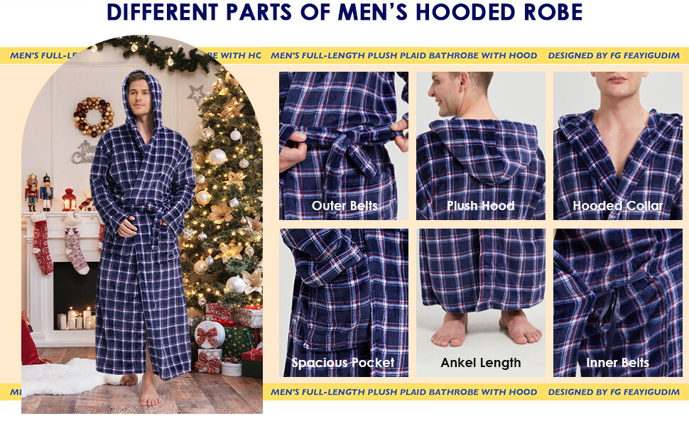 Mens Plush Plaid Hooded Robe - Front