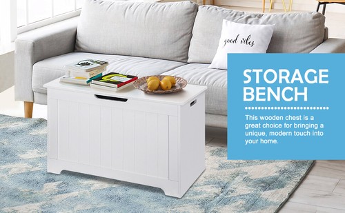 30 Inch Storage Chest Bench Toy Box Wooden Organizer with 2 Safety Hinges White 