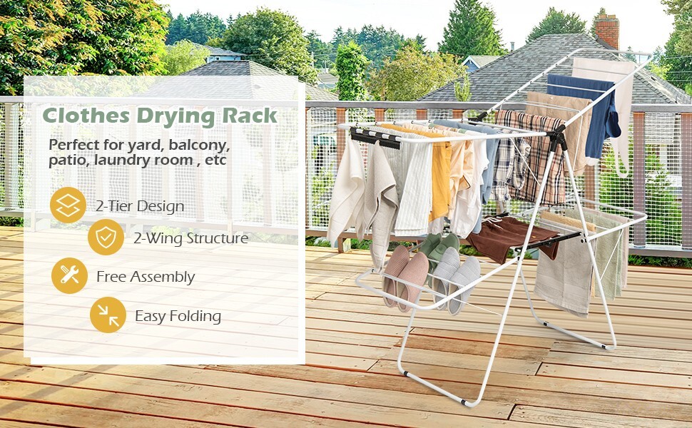 Costway Foldable 2-Level Steel Clothes Drying Rack w/ Height-Adjustable Gullwing