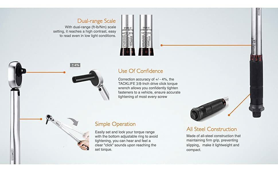 TACKLIFE 3/8-Inch Drive Click Torque Wrench 10-80 ft.-lb. / 13.6-108.5 Nm.-HTW1A