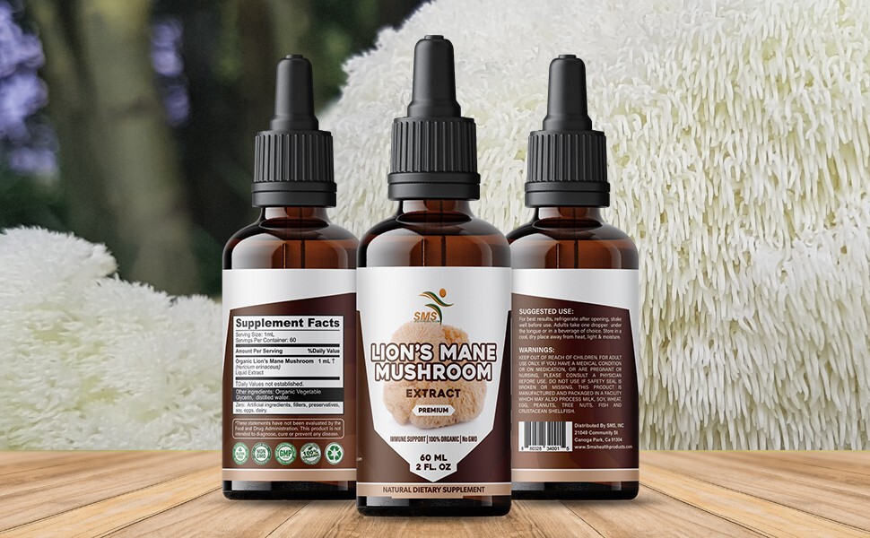 Lions Mane Mushroom Extract Organic Non GMO Tincture Liquid Herbal Drops 2 Fl Oz