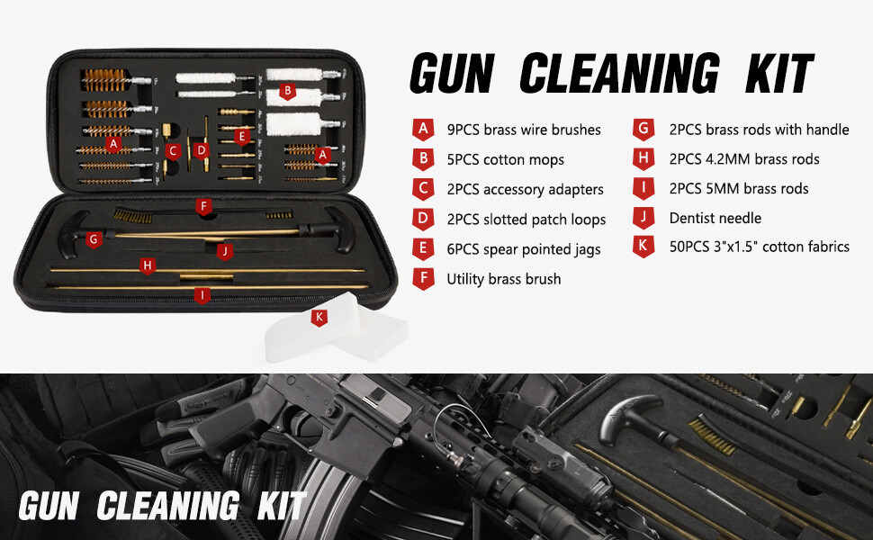 Flissa 33 PCS Gun Cleaning Kit with Solid Brass Rods, Brushes, Mops, Jags, Case