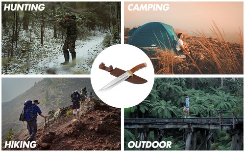 Flissa 14-inch Bowie Knife Full-tang Wood Handle Leather Sheath Stainless Steel